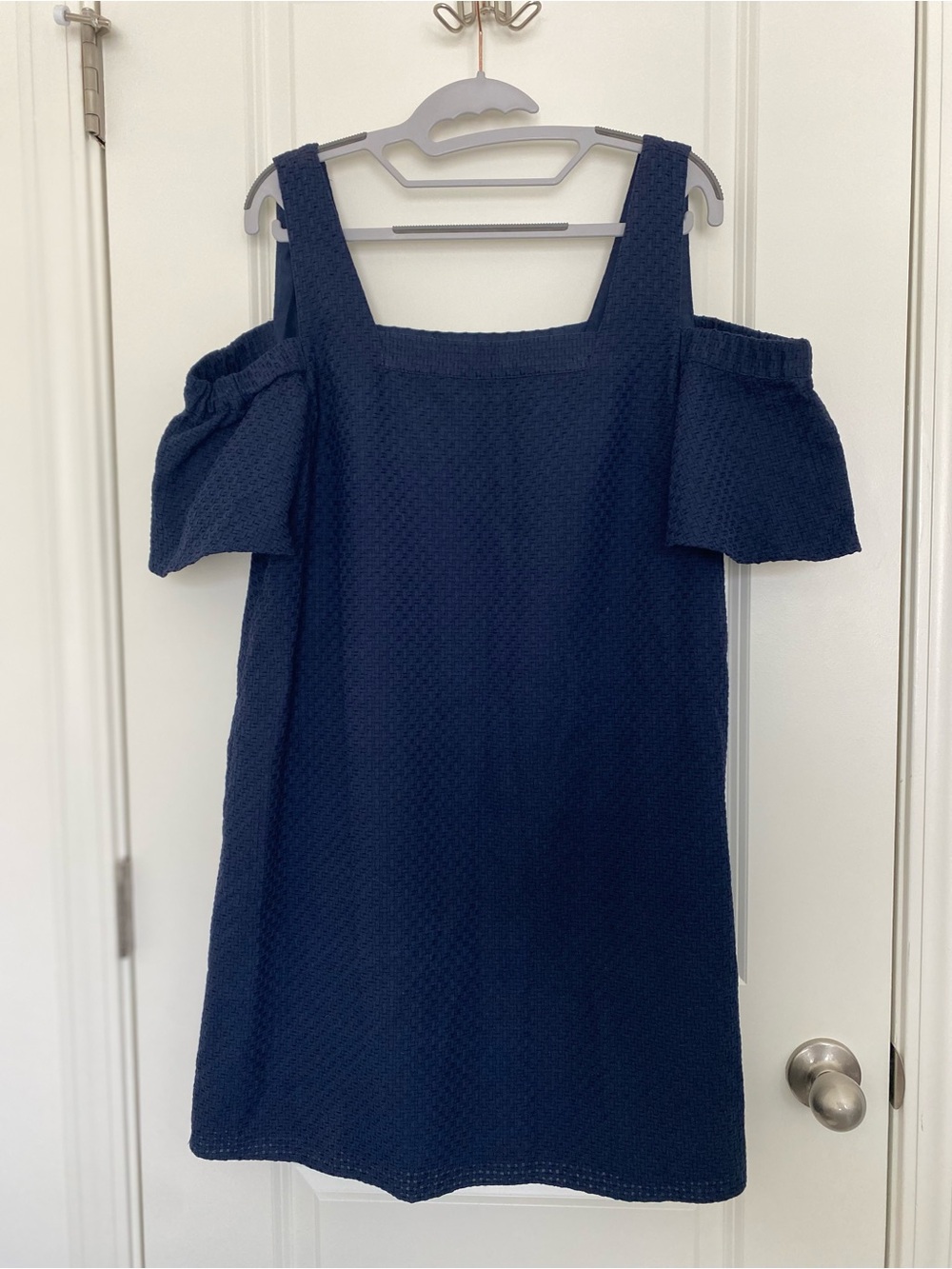 J.Crew Navy Cold Shoulder Dress Large NWT Basket Weave Flutter Sleeve Textured